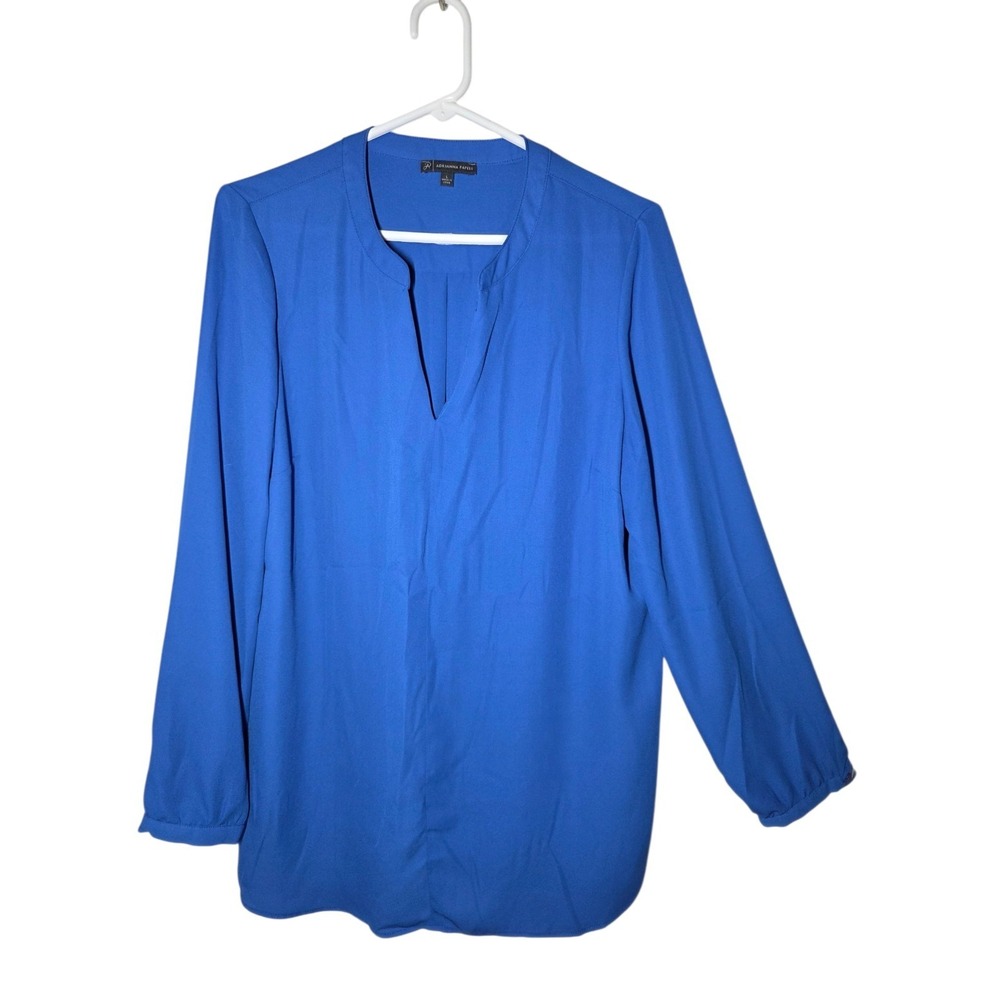 Adrianna Papell Blue Notch-V-Neck Long Sleeve Popover Blouse Top Career Office L